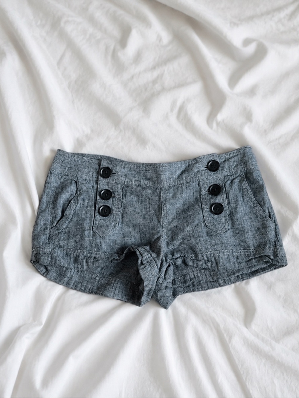 Express Gray High-Waist Linen-Blend Shorts with Button Detail